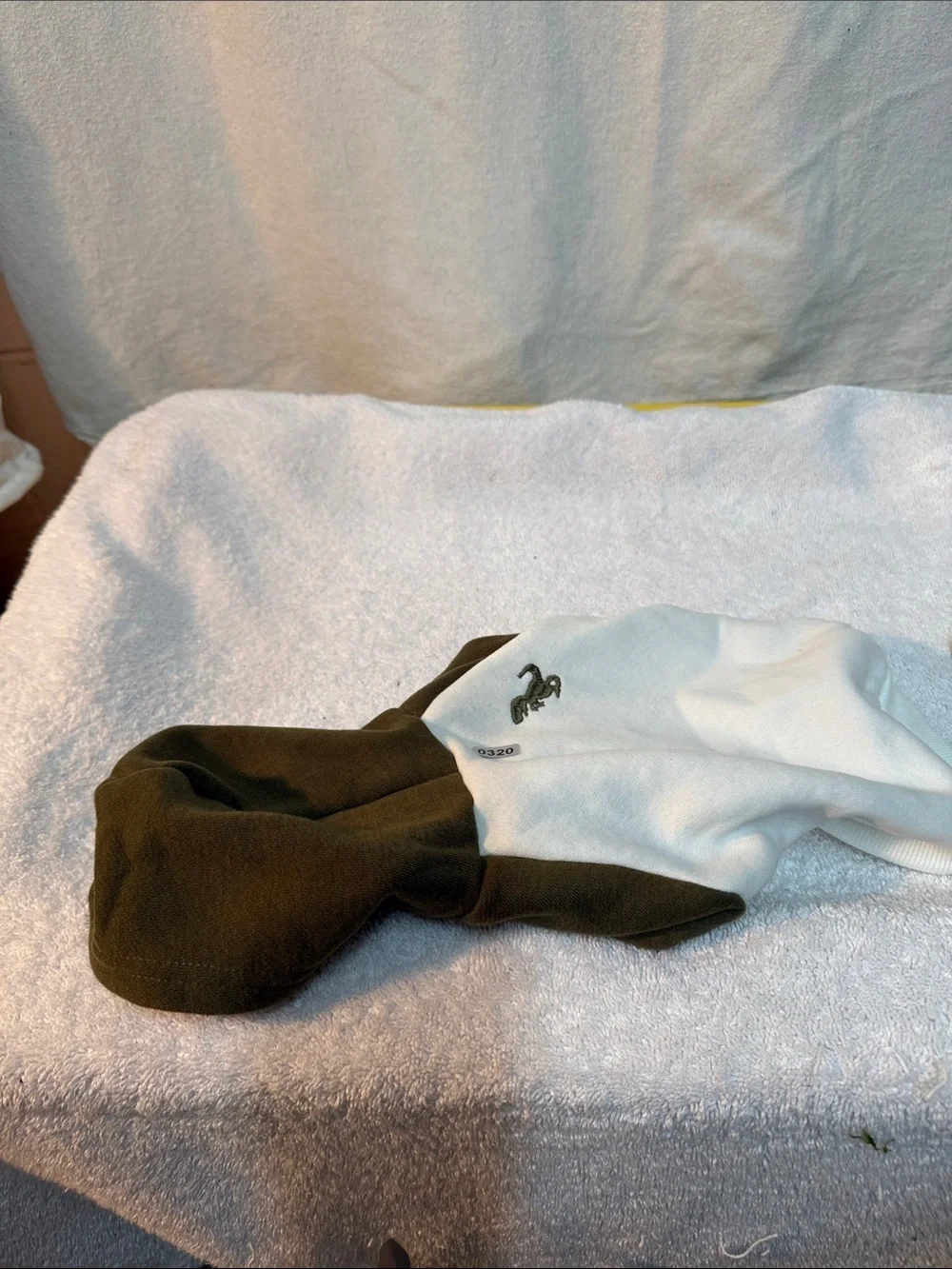 Two-Tone Olive Green & White Dog Hoodie with Embroidered Dinosaur
